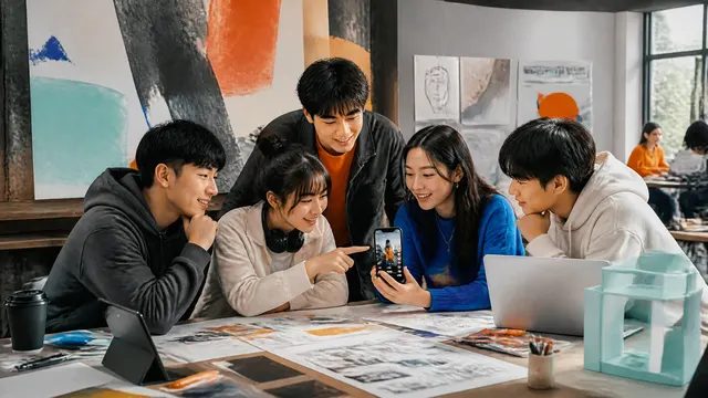 學生圍在一起用手機討論 AI 短影音